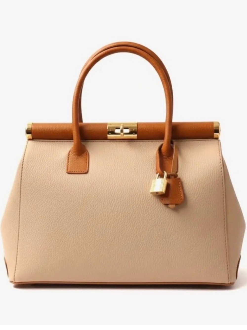 Structured Beige and Tan Leather Top-Handle Satchel